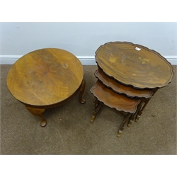  Edwardian inlaid mahogany tub shaped chair, upholstered seat, square tapering supports, spade feet (W55cm) a nest of tables, a circular coffee table, and a wall hanging corner cabinet (4)  