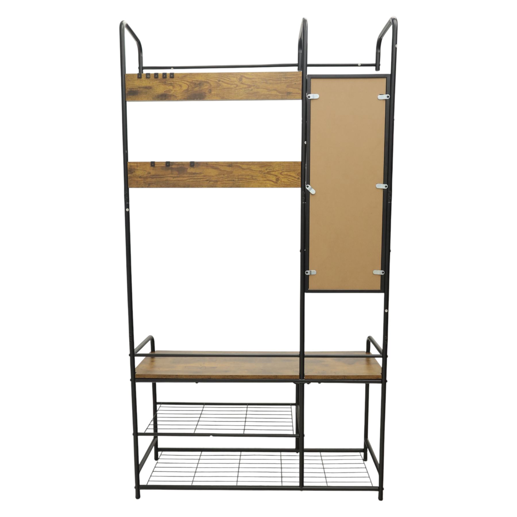 Modern hall stand black and rustic wood veneer, mirrored panel with multiple hooks, wooden veneer seat above shelving for shoes 