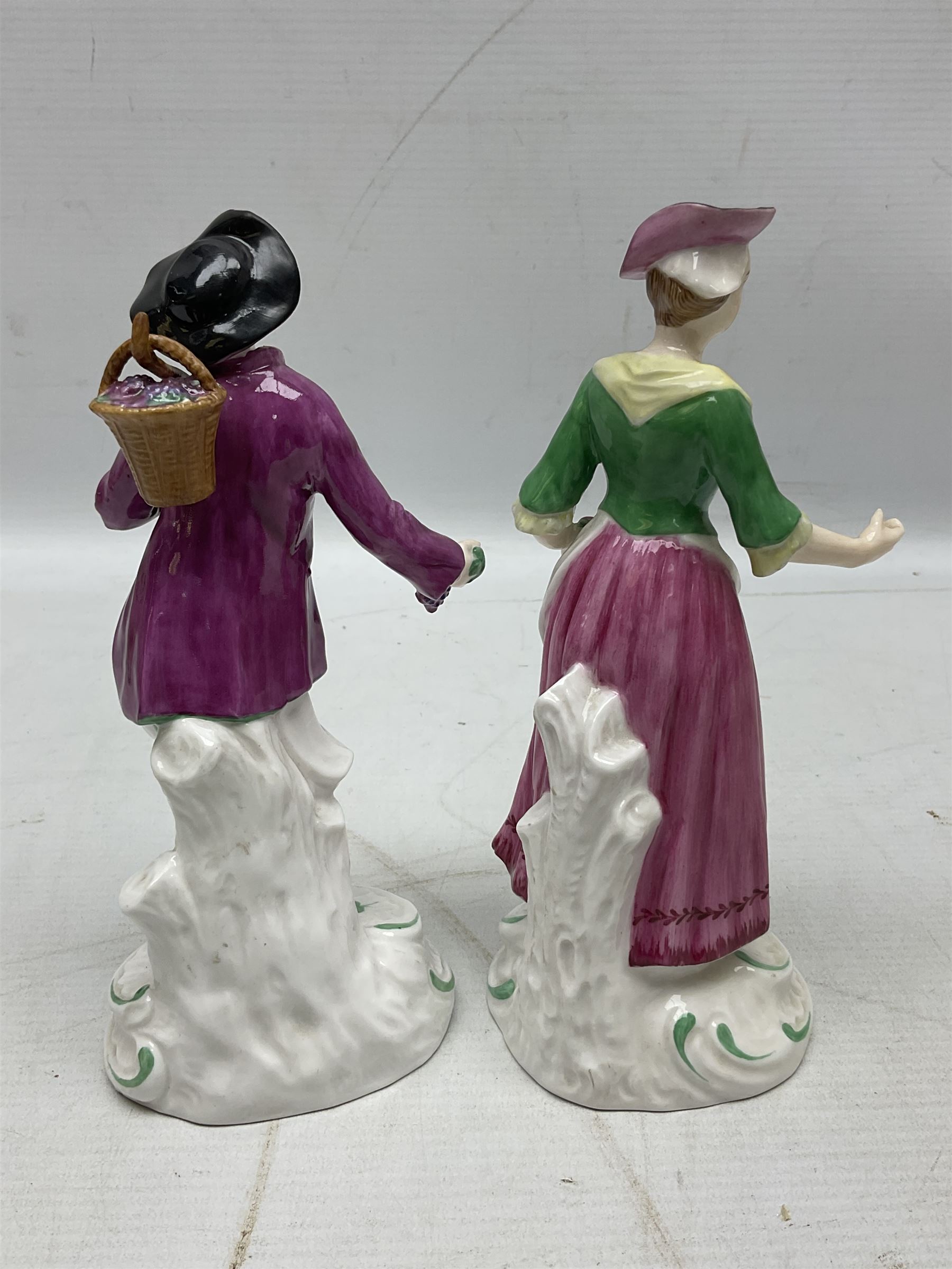 Seven Spode Chelsea figures, comprising no.1, no.2, no.3, no.4, no.6 and two further smaller examples, together with a Dresden figure of a gentleman, no. K10003, and a Delft style figure of a boy, some with boxes, tallest H23cm (9)