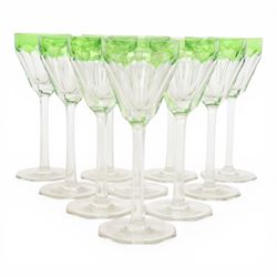 Set of ten wine glasses, of fluted form with chartreuse rim, upon a faceted stem, H20cm  