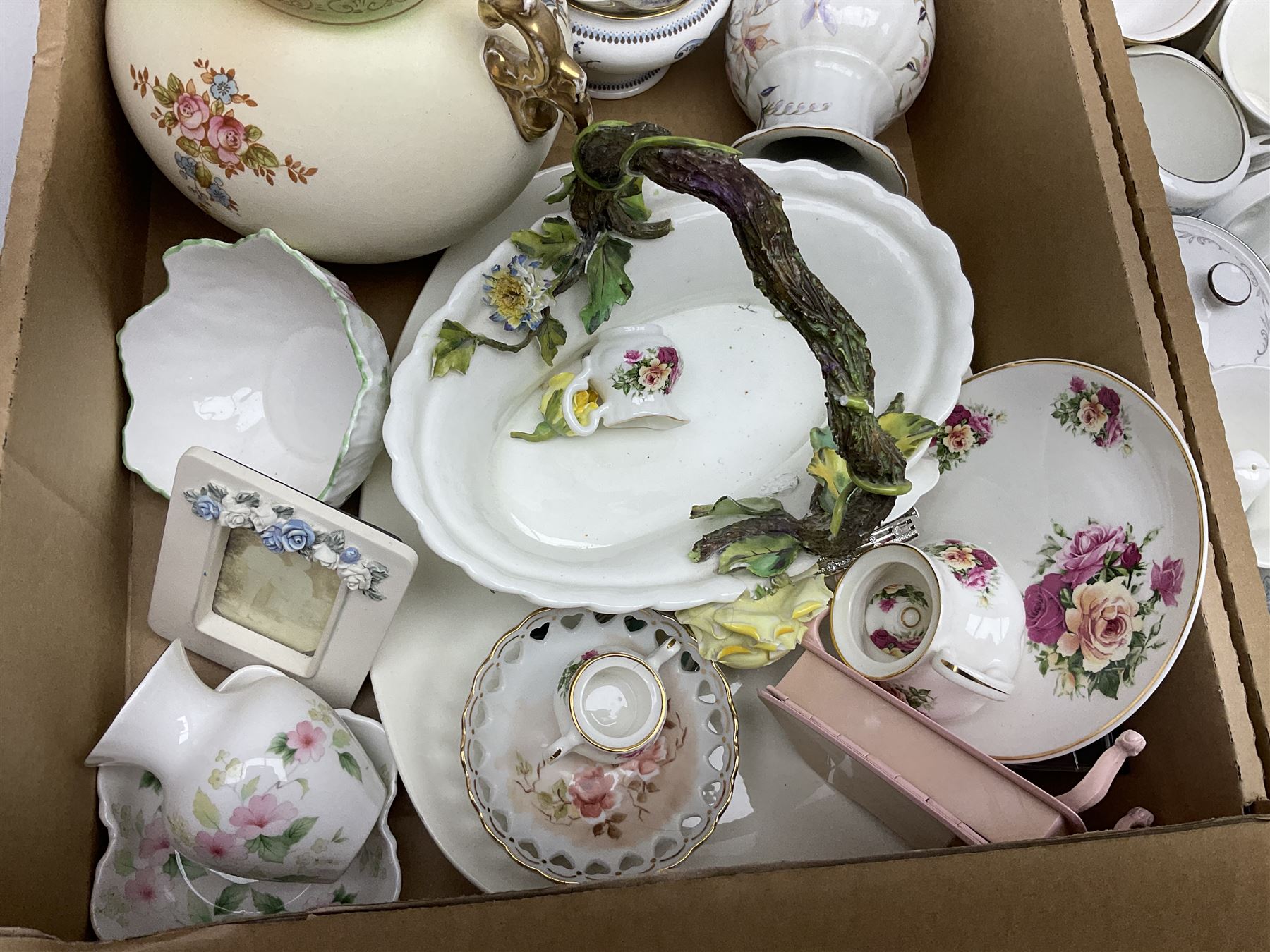 Royal Worcester miniature loving cup, Royal Doulton Wendy figure HN 2109, Lladro dish, two Giuseppe Armani figures, Staffordshire style figural vase, Crown Devon Fieldings blush ivory ewers and twin handled vases, Villeroy & Boch, Royal Doulton, Carlton Ware, Masons ironstone, other ceramics, teawares etc in four boxes