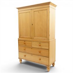 Victorian stripped pine housekeepers cupboard, projecting cornice over two panelled cupboa...