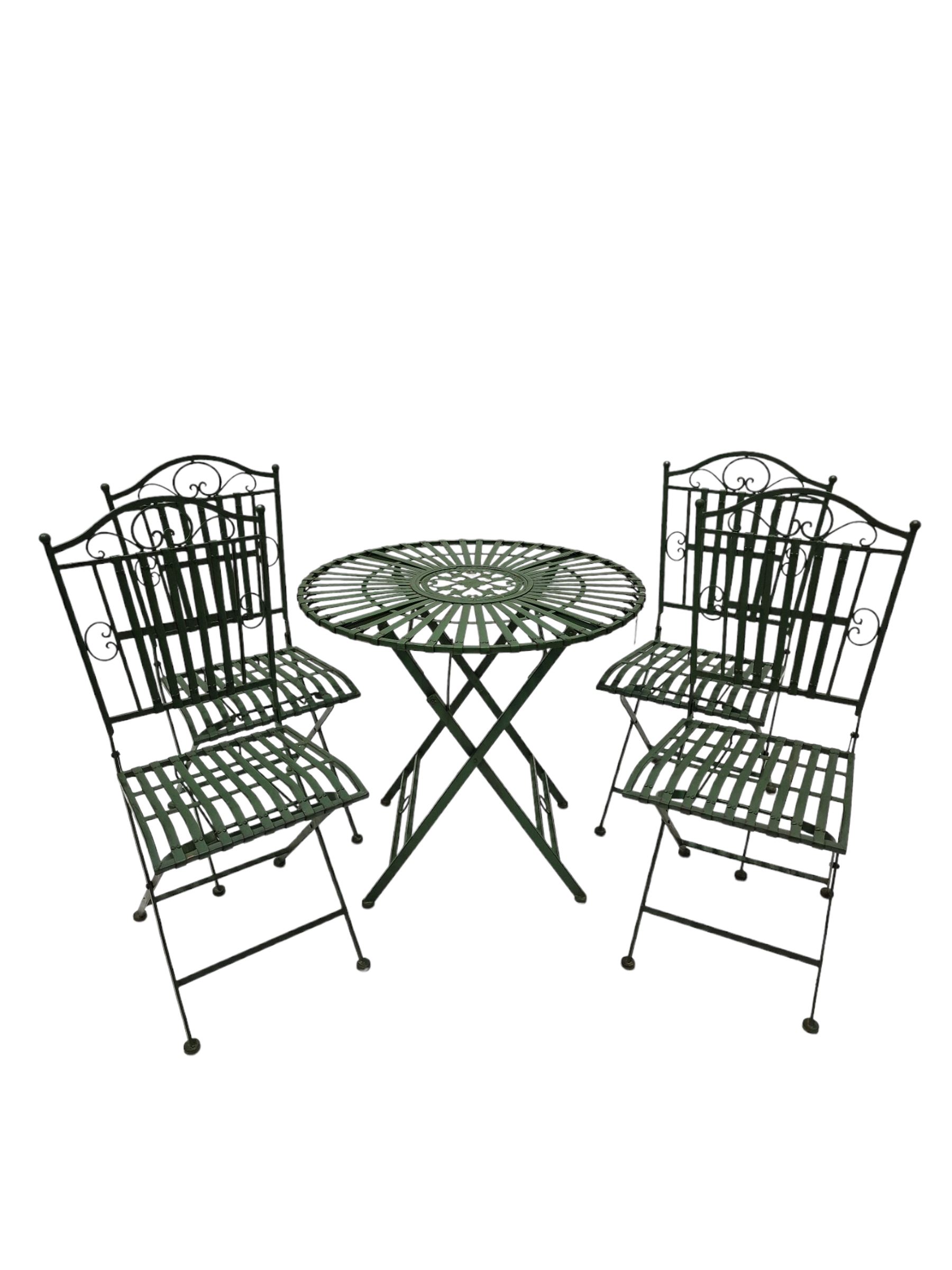 Wrought metal slatted round folding garden table and four chairs in green finish - THIS LOT IS TO BE COLLECTED BY APPOINTMENT FROM DUGGLEBY STORAGE, GREAT HILL, EASTFIELD, SCARBOROUGH, YO11 3TX
