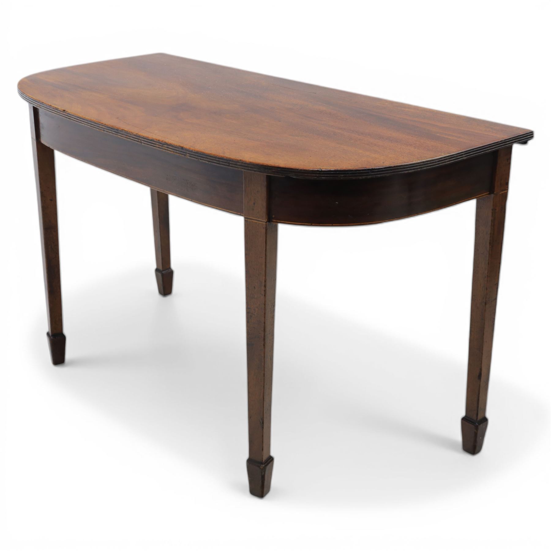 Late Georgian mahogany console side table, D-shaped top with reeded edge, above an inlaid frieze on square tapering supports with spade feet