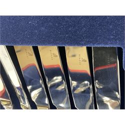 Viners Emassy canteen of Sheffield silver plated cutlery, 58 pieces, comprising eight table knives, dessert knives, dessert spoons, teaspoons, table forks, dessert forks, soup spoons, and two table spoons, housed in case with hinged lift up lid raised on four feet, L45cm