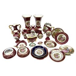 Quantity of Limoges ceramics predominantly in the 'La Reine' pattern, to include pair of vases, dishes, lidded boxes, miniature vases and ewers etc