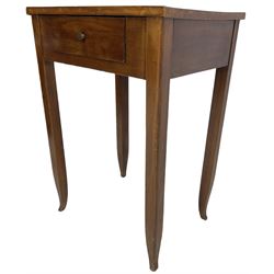 19th century Biedermeier design maple and beech side table, figured book-matched maple veneer top over single drawer, on square tapering supports terminating to pointed feet