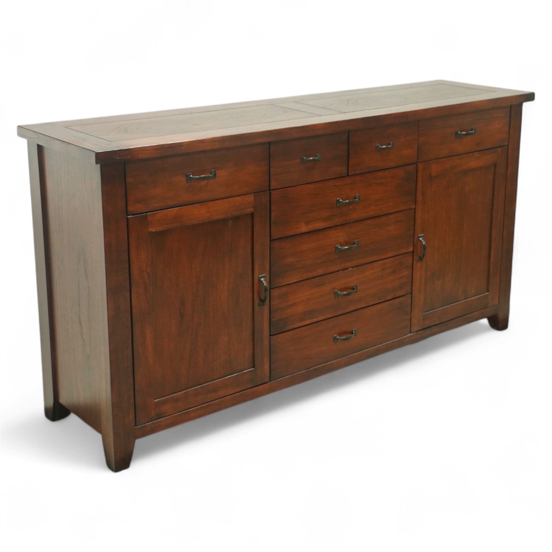 Contemporary hardwood sideboard, rectangular plain top above three short drawers and four central drawers flanked by two panelled cupboard doors 