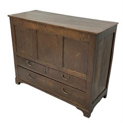 18th century elm mule chest, rectangular lid over triple panelled front, fitted with two short and one long drawer, bracket feet