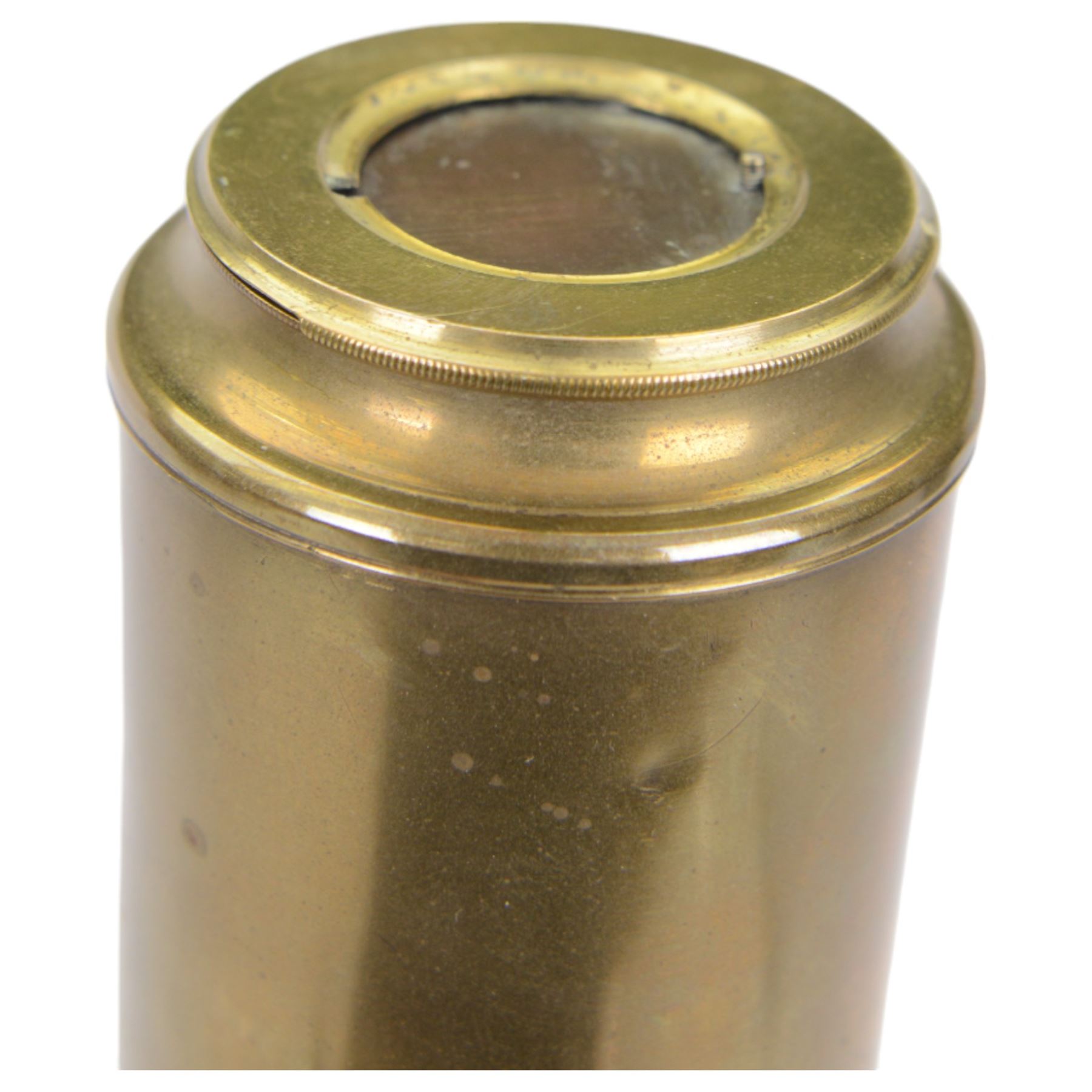 19th century mahogany and brass three drawer telescope, together with a larger leather bound telescope and a large circular metal bound magnifying glass