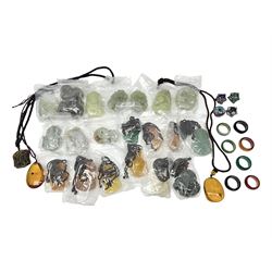 Collection of Chinese carved hardstone jewellery, including rings and pendants, together with glass beads and costume jewellery etc