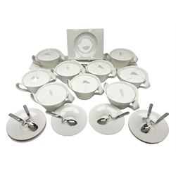 Villeroy and Boch New Wave pattern, nine twin handled dishes with covers, seven saucers, six teaspoons and six small saucers, dish D13cm 