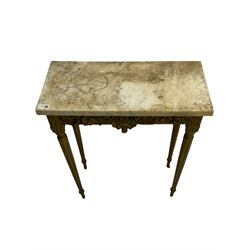 Mid to late 20th century side table, white marble top on gilt base decorated with scrolled foliate and central cartouche, turned and fluted supports