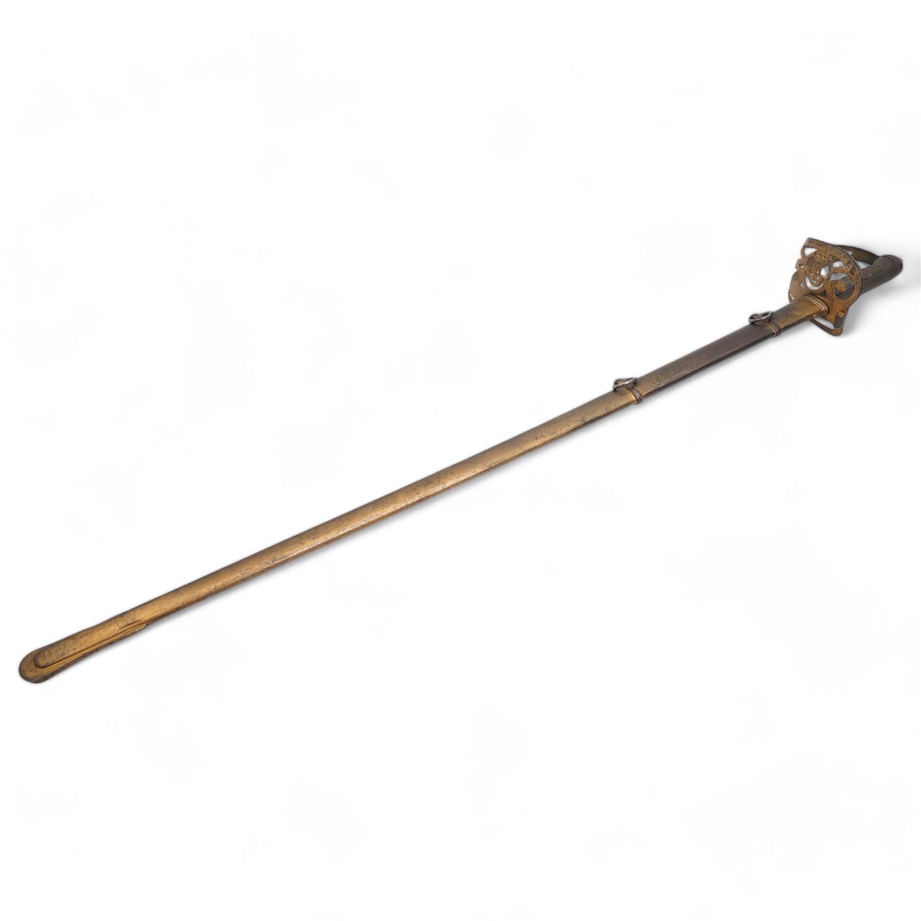 Victorian Rifle Volunteers officers sword with engraved blade, pierced hilt and wire wound grip with steel scabbard, blade length 82cm