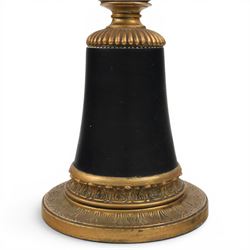 Neoclassical style table lamp, with conical stem upon a circular base, with gold lampshade with tassel trim, H82cm without shade