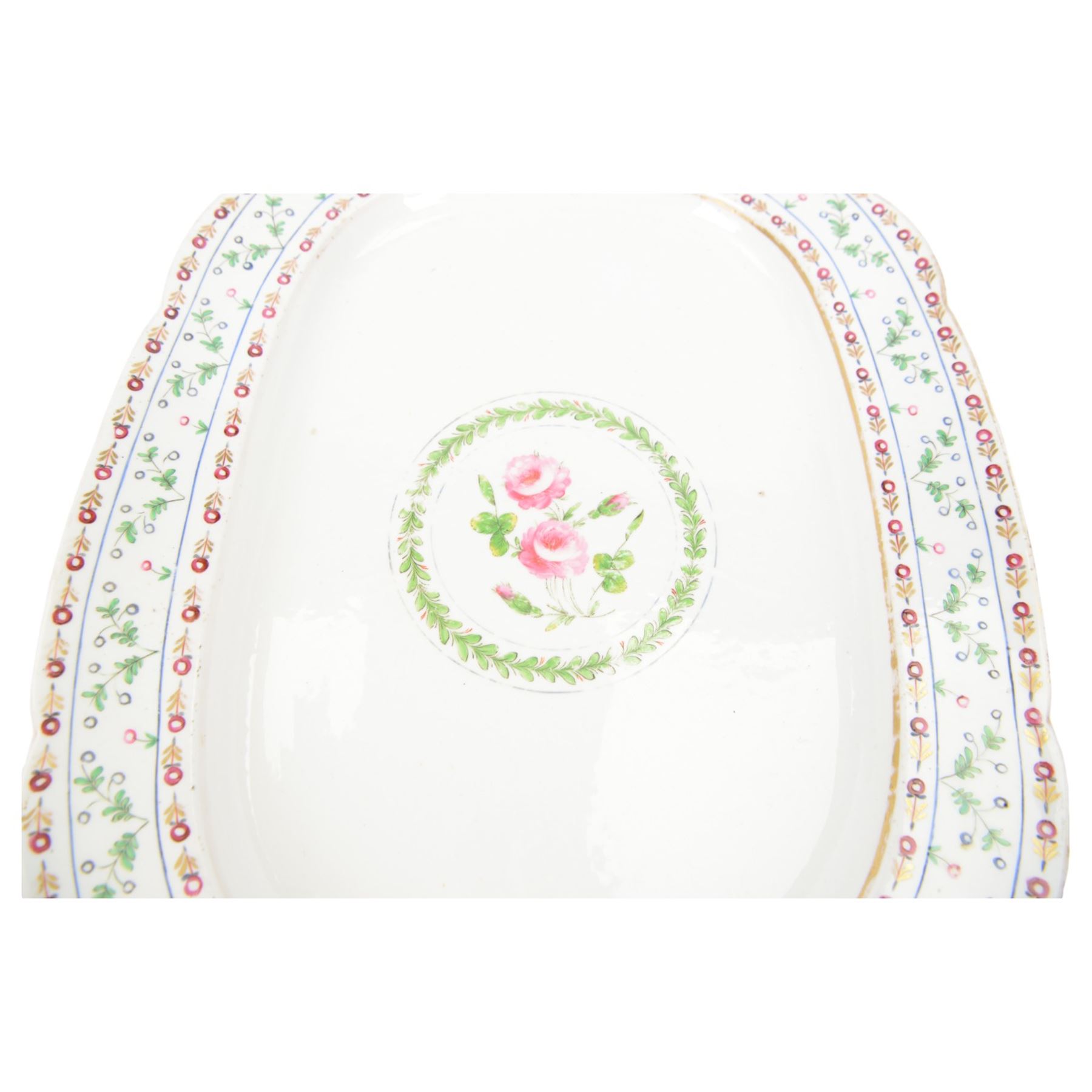 19th century serving platter, hand painted with floral sprig to the centre with floral and foliate borders, possibly Nantgarw, W48.5cm