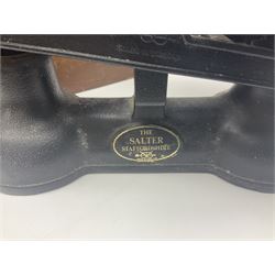 Wooden Gledhill till with paper labels to interior and a set of Salter scales with weights, till H17cm