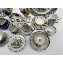 Group of 18th and 19th century ceramics, to included a pair of English 19th century twin handled urns, hand painted with waterside landscape and figural panels, H22.5cm,  a Newhall milk jug, Spode plate, Jasperware vase, Copeland plate, etc. 
