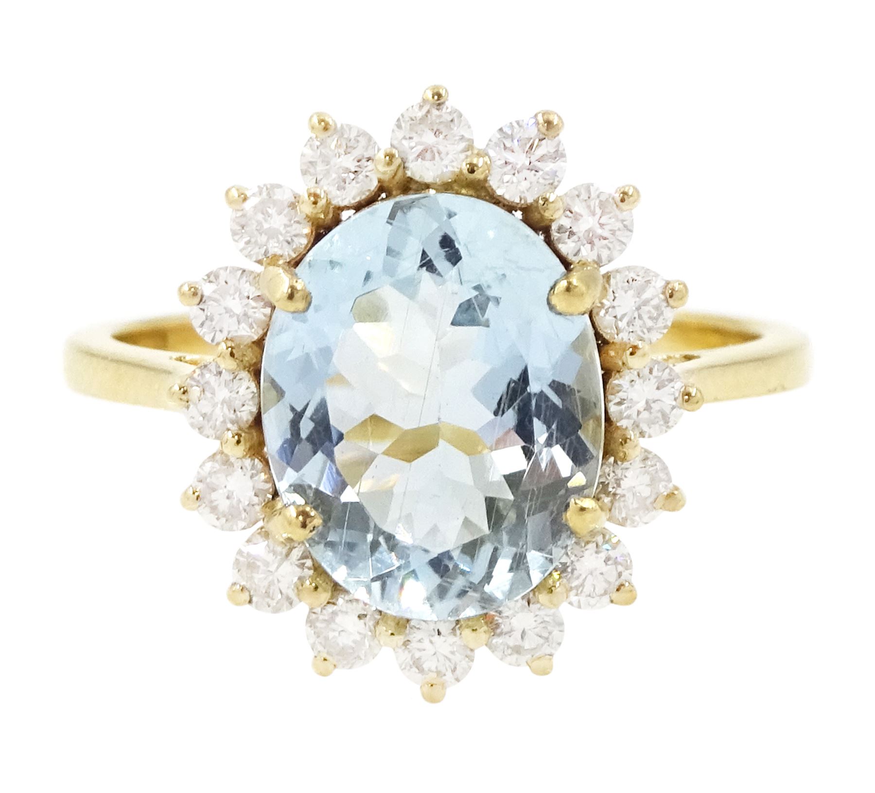 18ct gold aquamarine and diamond cluster ring, single oval cut aquamarine of approx 2.05 carat, surrounded by sixteen round brilliant cut diamonds, stamped, total diamond weight 0.40 carat
