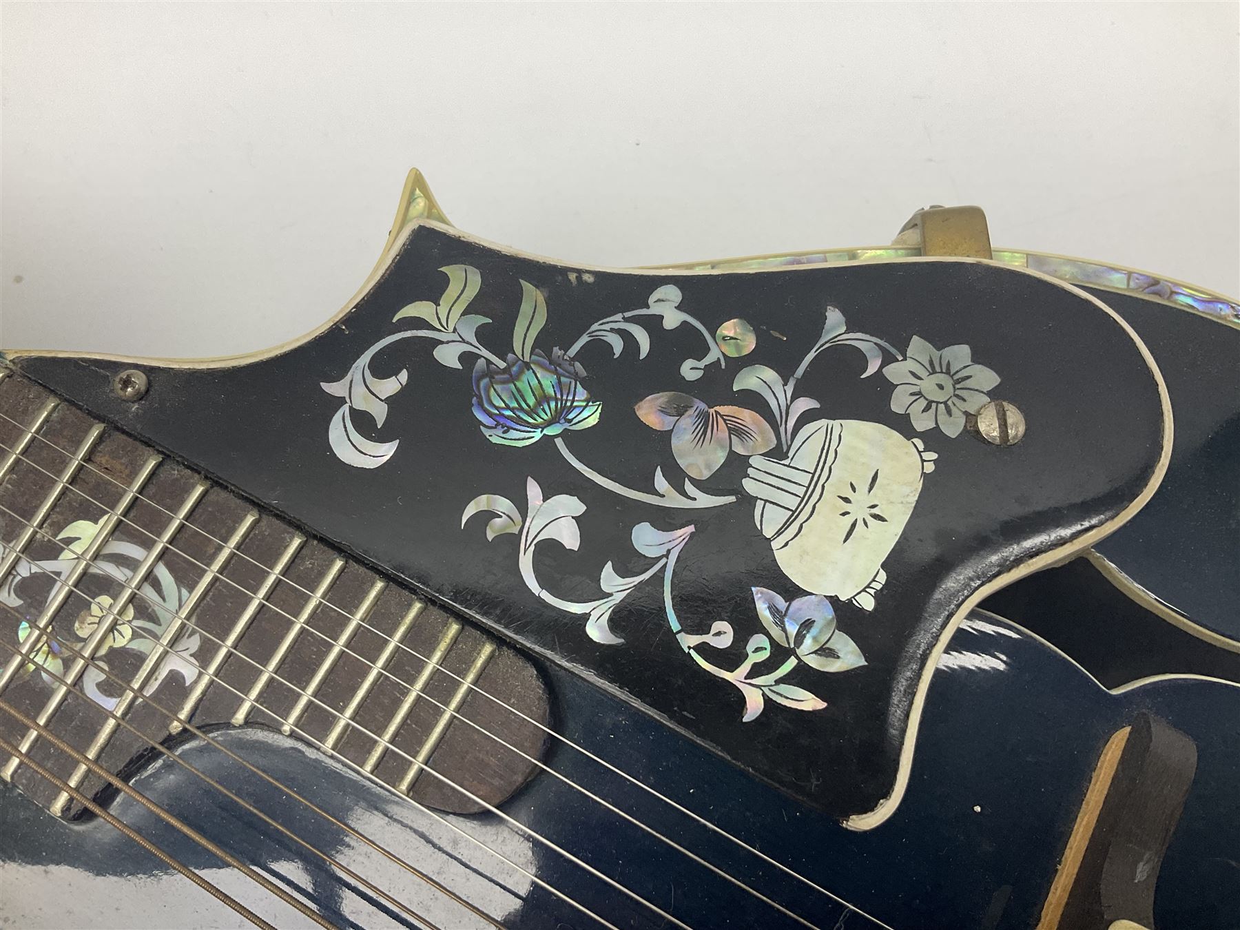 Eastern eight-string F-hole mandolin with blue sunburst finish and mother-of-pearl inlay of flowers and birds L69cm