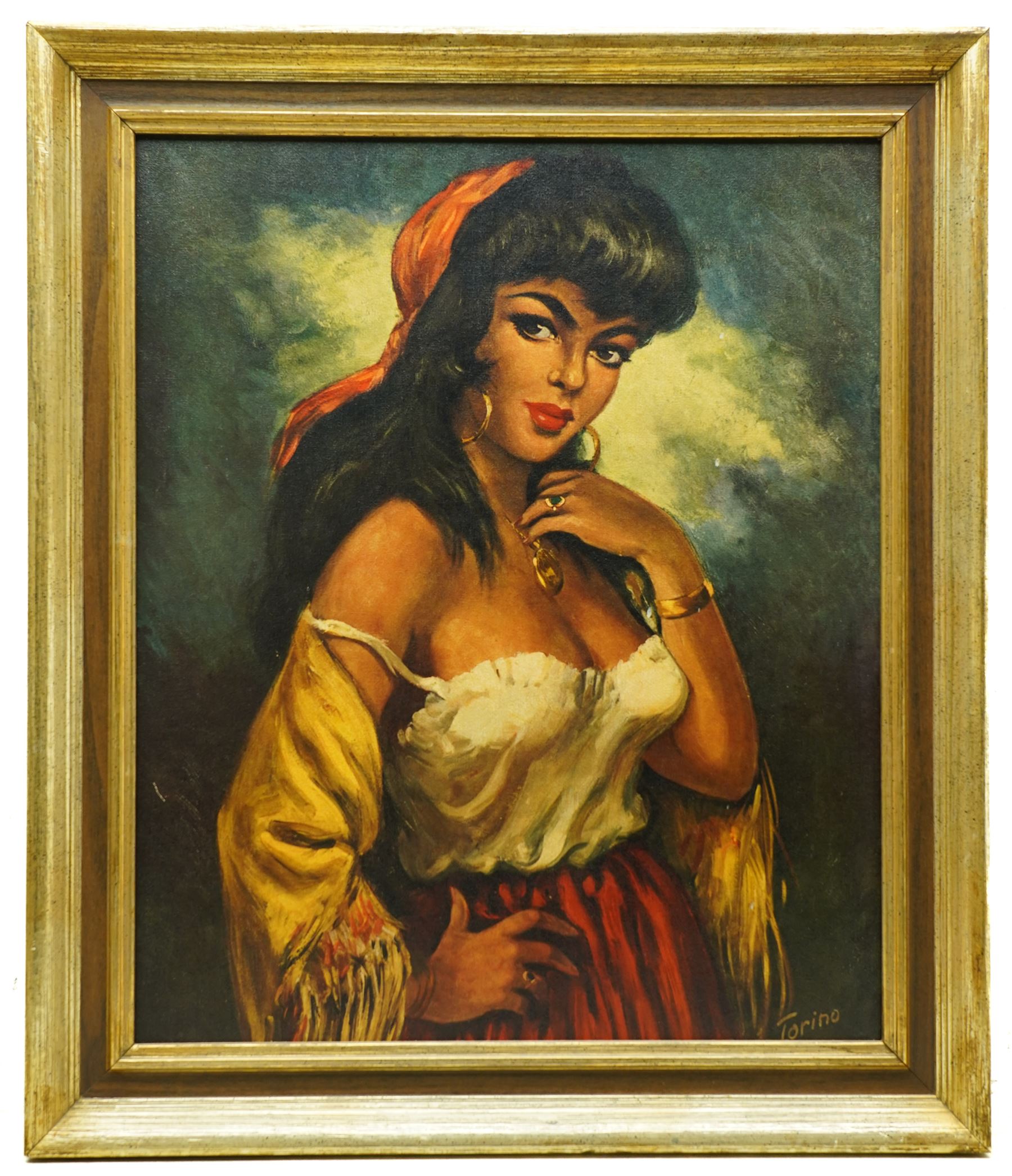 After Torino & H Walter (Mid-20th century): Portrait of a Mediterranean Woman and Romano Gypsy Girl, pair mid-century colour prints 58cm x 48, housed in matching gilt frames, overall 70cm x 60cm (2)