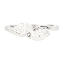 Platinum diamond crossover ring, set with two marquise cut diamonds, London 2010, total di...