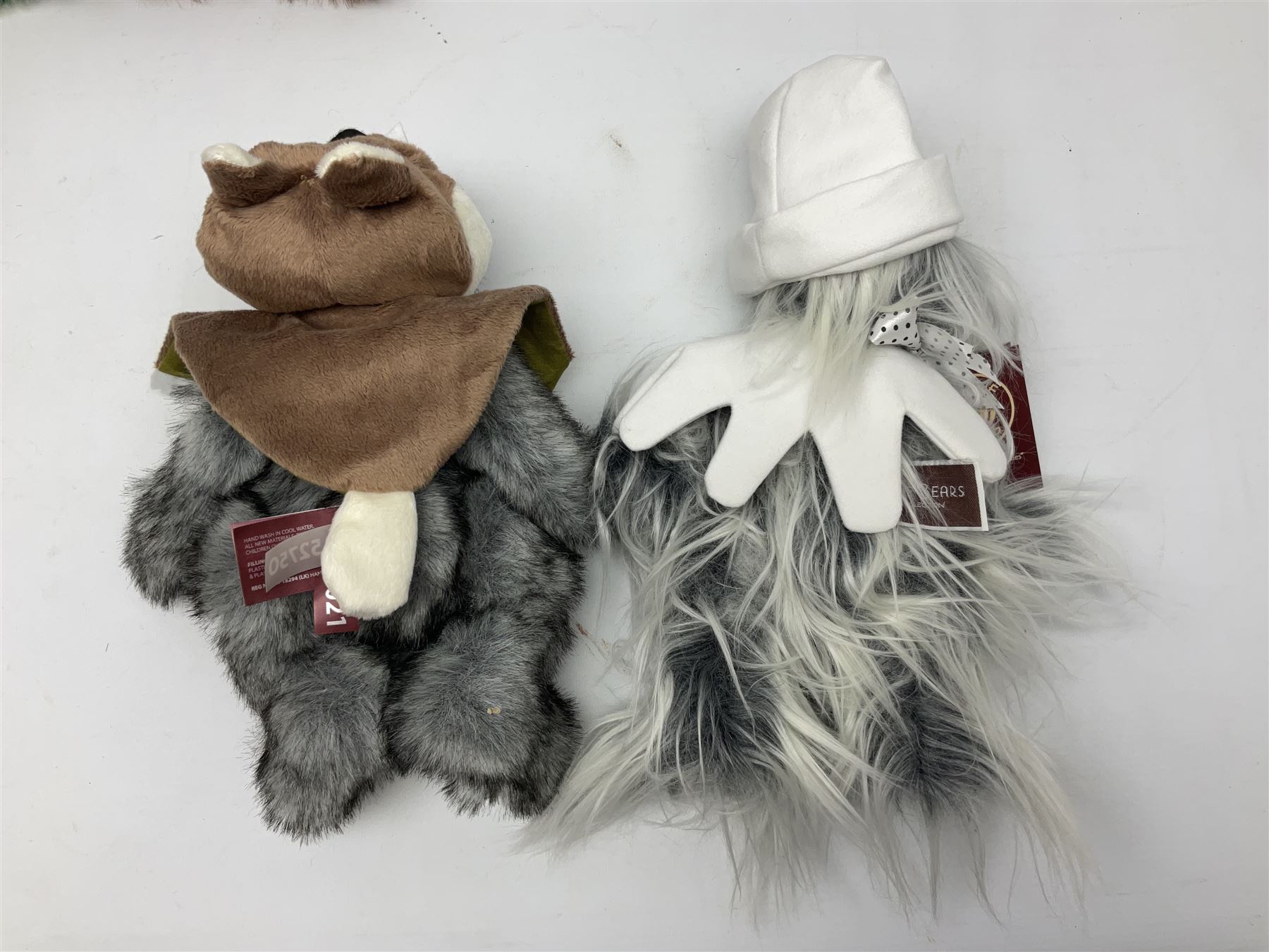 Six Charlie Bears, comprising Nutmeg CB621329, designed by Isabelle Lee, Toadstool CB195166, Pom Pom CB175154B, Whoooo CB195220O, Bandage CB215274O, and Bearwolf CB215275O, all with tags 