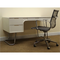  White finish desk, two short and one long drawer, chrome tubular supports (W141cm, H75cm, D70cm) and black swivel chair (W57cm)  