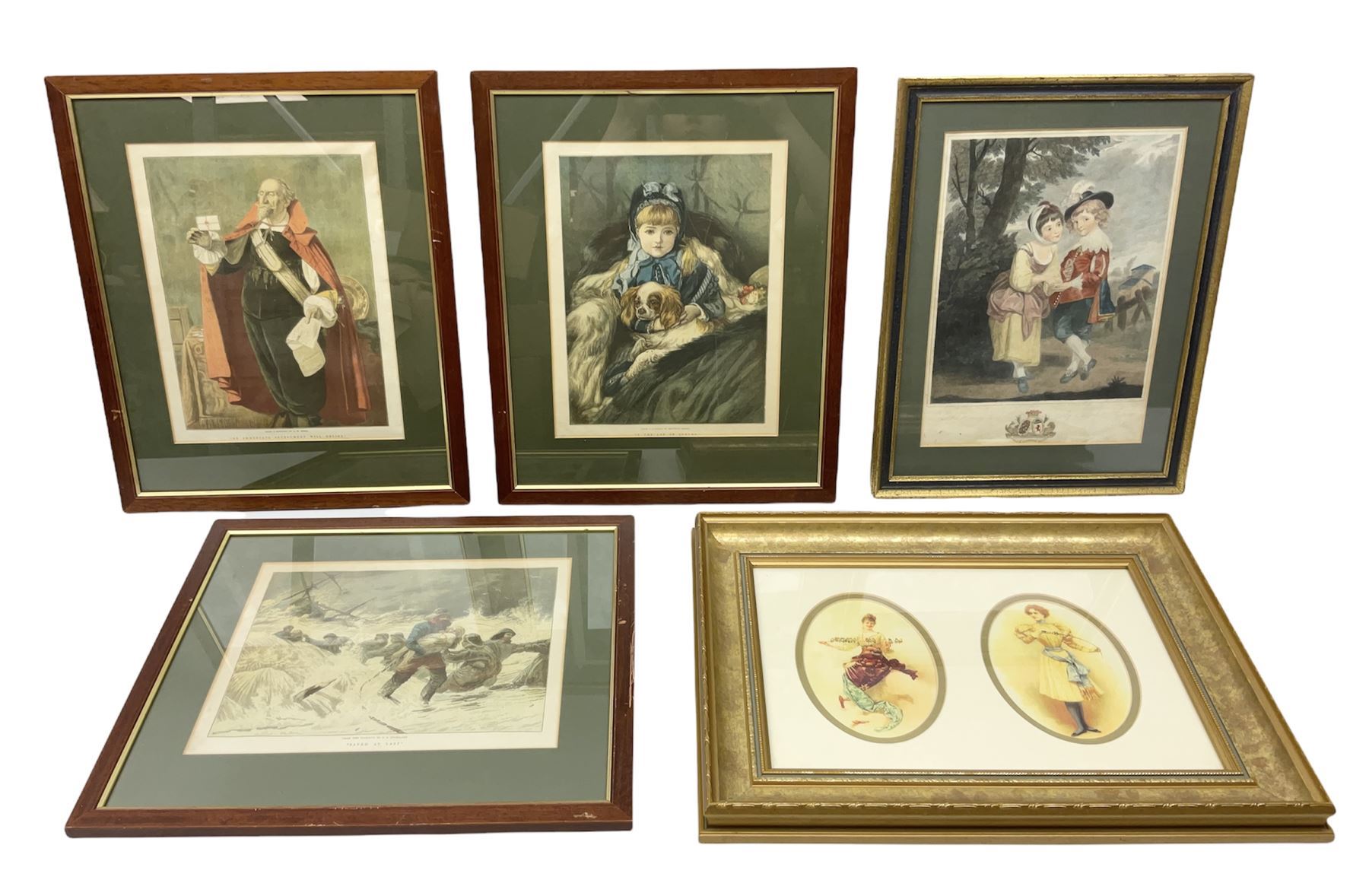 After Sir Joshua Reynolds (British 1723-1792): 'Lord Henry and Lady Charlotte Spencer', engraving with hand colouring pub. 1790; After Heywood Hardy (British 1843-1933): 'In the Lap of Luxury', engraving; After John Watson Nicol (British 1856-1926): 'An Immediate Settlement will Oblige', engraving; after Charles Staniland (British 1838-1916): 'Saved at Last', engraving; After Gaton Woodville: 'In the Nick of Time', colour print; after Victor Venner: 'The Mowbray Hunt Checked', colour print together with pair colour prints after Fred Elwell, a Chinese print, a mirror, further pictures etc, max 45cm x 68cm