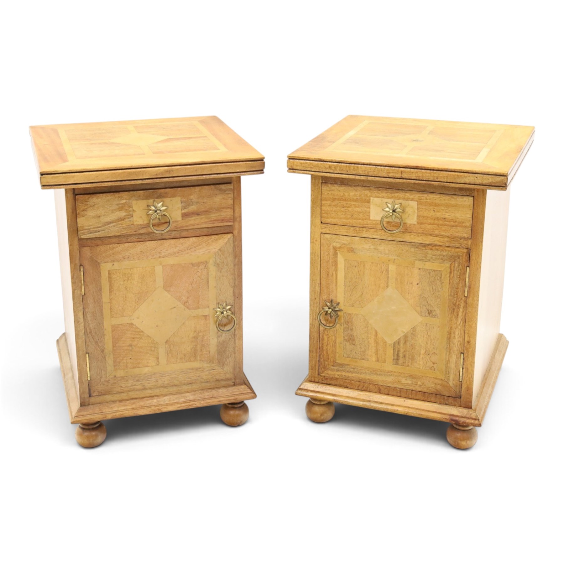 Barker & Stonehouse - pair of contemporary flagstone and mango wood bedside cabinets, inlaid square top over single drawer and cupboard, on bun feet