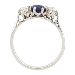 Early 20th century platinum three stone oval cut sapphire and old cut diamond ring, stamped, sapphire approx 1.10 carat, total diamond weight approx 0.30 carat