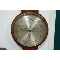 Zanetti of Manchester- late 19th century wheel barometer in a mahogany case with a break arch pediment, brass finial and rounded base, with a hydrometer, spirit bubble and boxed spirit thermometer, 12