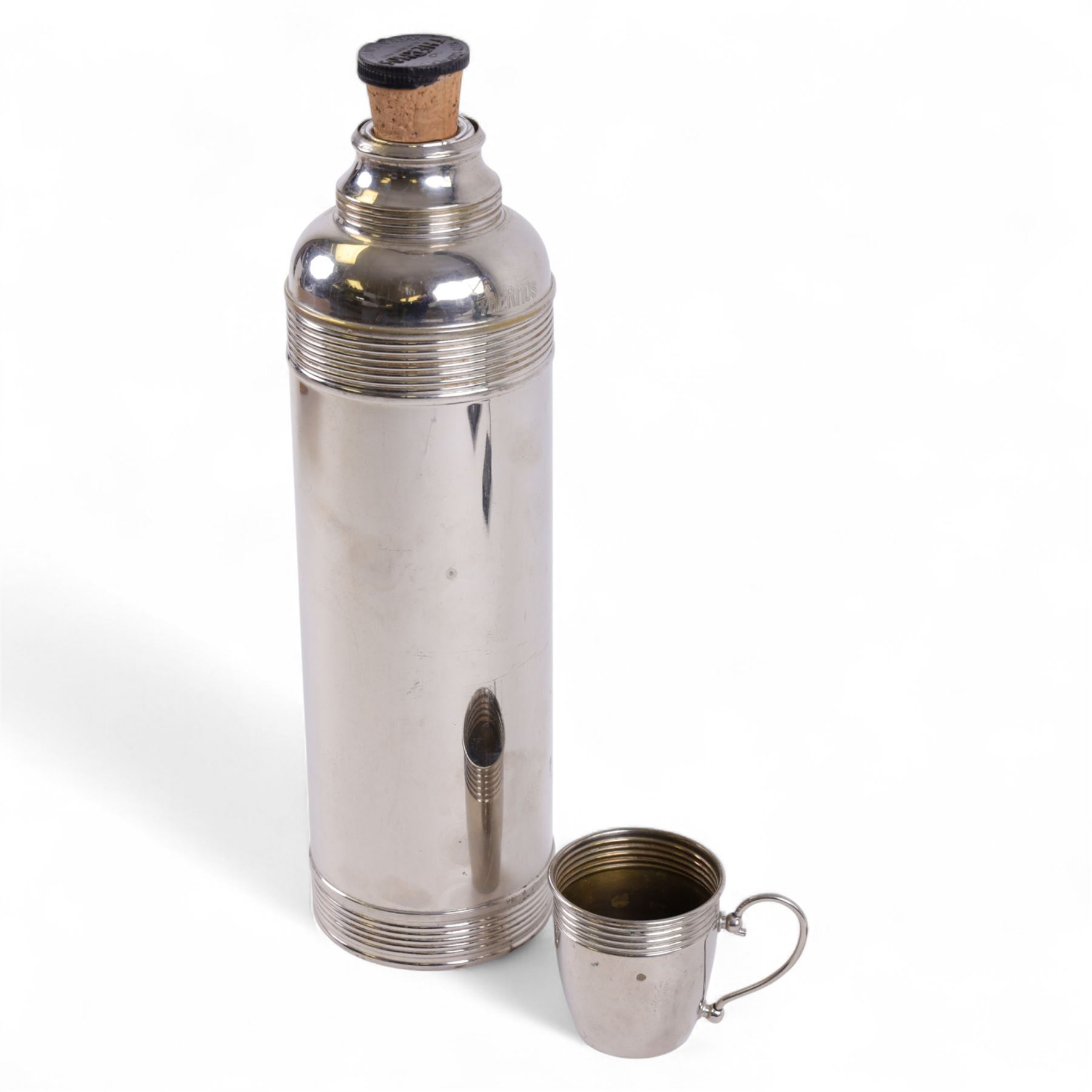 American Thermos Bottle Co. No. 6, chrome thermos with removable cup and cork stopper, contained within a leather carry case