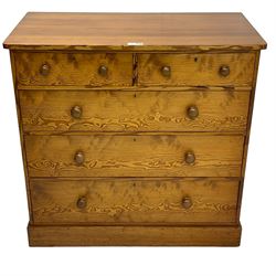 Victorian pitch pine chest, rectangular top over two short and three long drawers, on skirted base