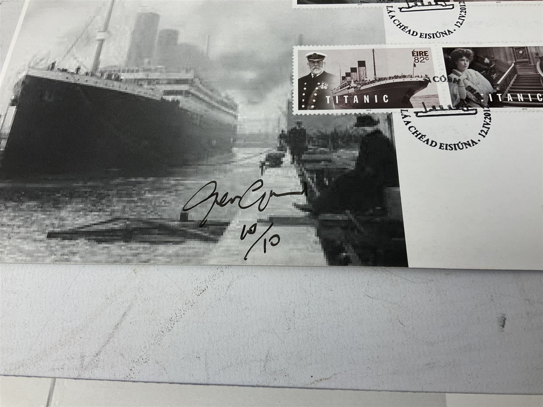 Titanic cover with Canadian cancellation signed David Haisman and cover with Queenstown cancellation signed by stamp designer, book signed David Haisman, two Titanic covers and book signed David Haisman, Titanic Facsimile postcard signed David Haisman and cover with Alderney cancellation signed by stamp designer, Biography of Edith Brown signed David Haisman (9)