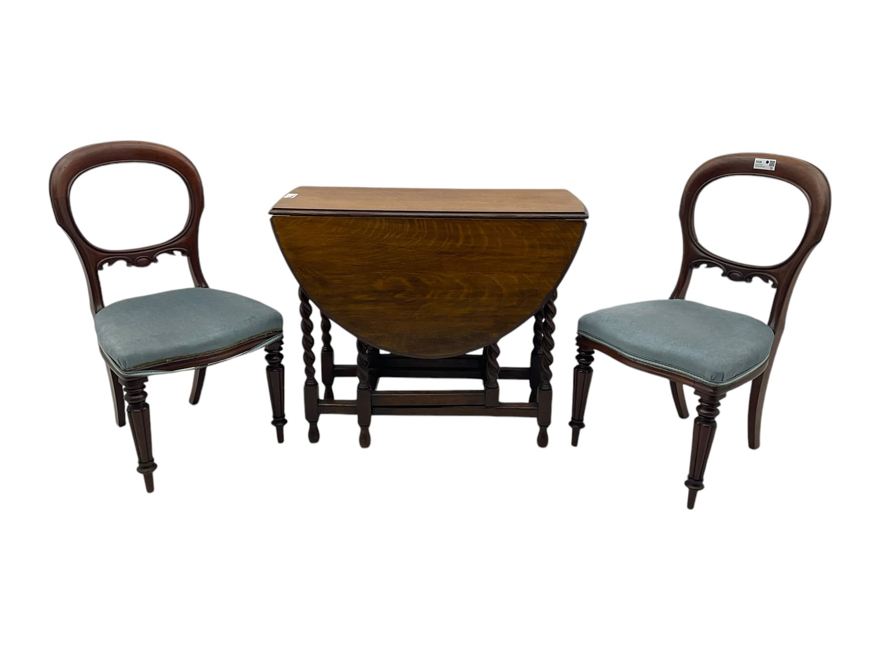 Pair of Victorian mahogany balloon back dining chairs (W49cm); 20th century oak drop-leaf dining table (W92cm); three small children's chairs (6)