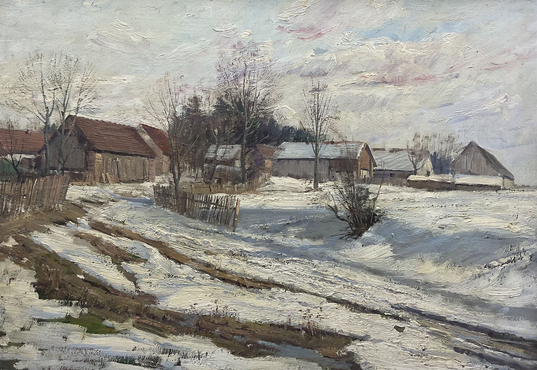 Josef Prochazka (Czech 1909-1984): Farm Buildings in the Snow, oil on board signed 49cm x 69cm
