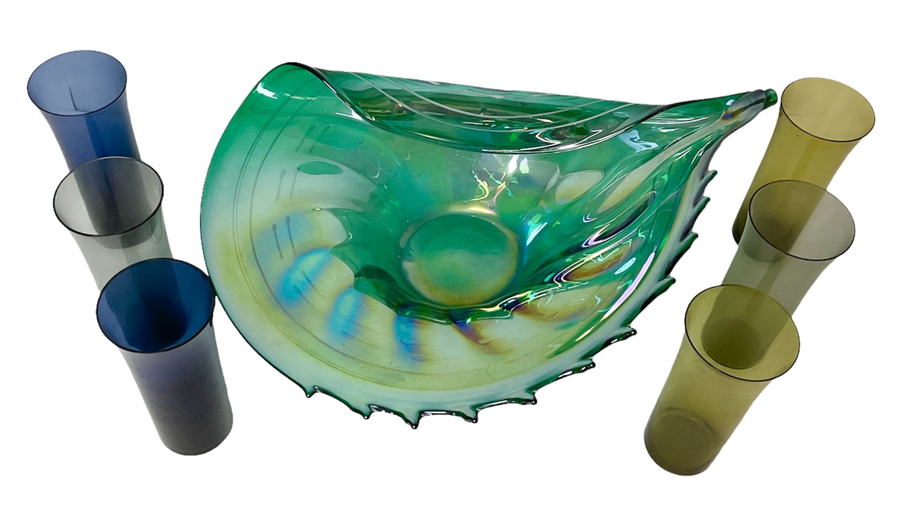 Large green studio glass conch shell bowl, with lustre finish, together with six coloured glasses, bowl W44cm