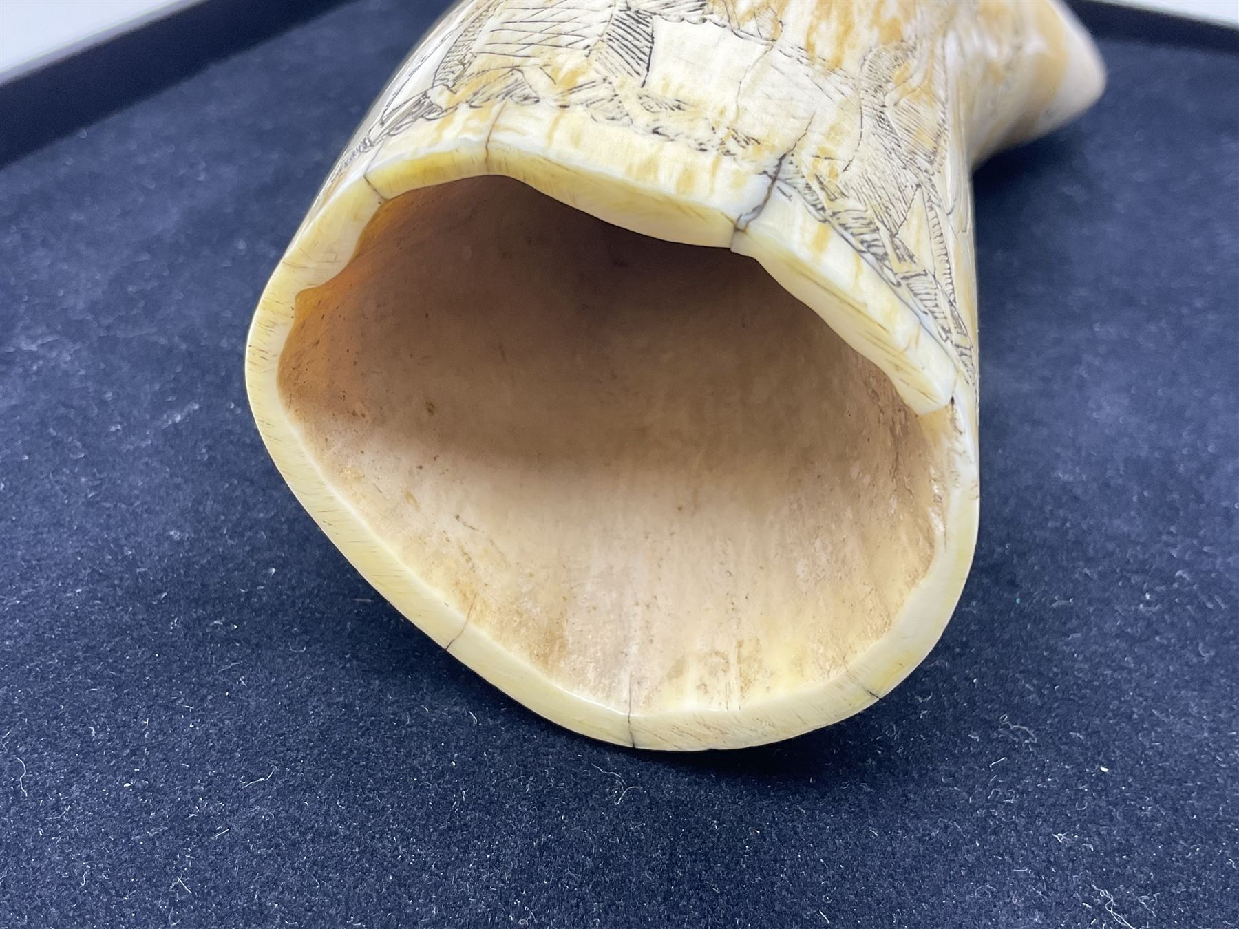 19th century scrimshaw sperm whale tooth from the whaler 'Dove' initialled J.A, Notes, Dove was a Union whaling boat, built at Newbury. Tt was scuttled as part of the Second Stone Fleet on January 25th-26th, 1862, in an attempt to block Charleston Harbor. The captain of the Dove was Captain James Wells Green Port. There were five members of the crew had the initials J.A, any of which could have created the scrimshaw.