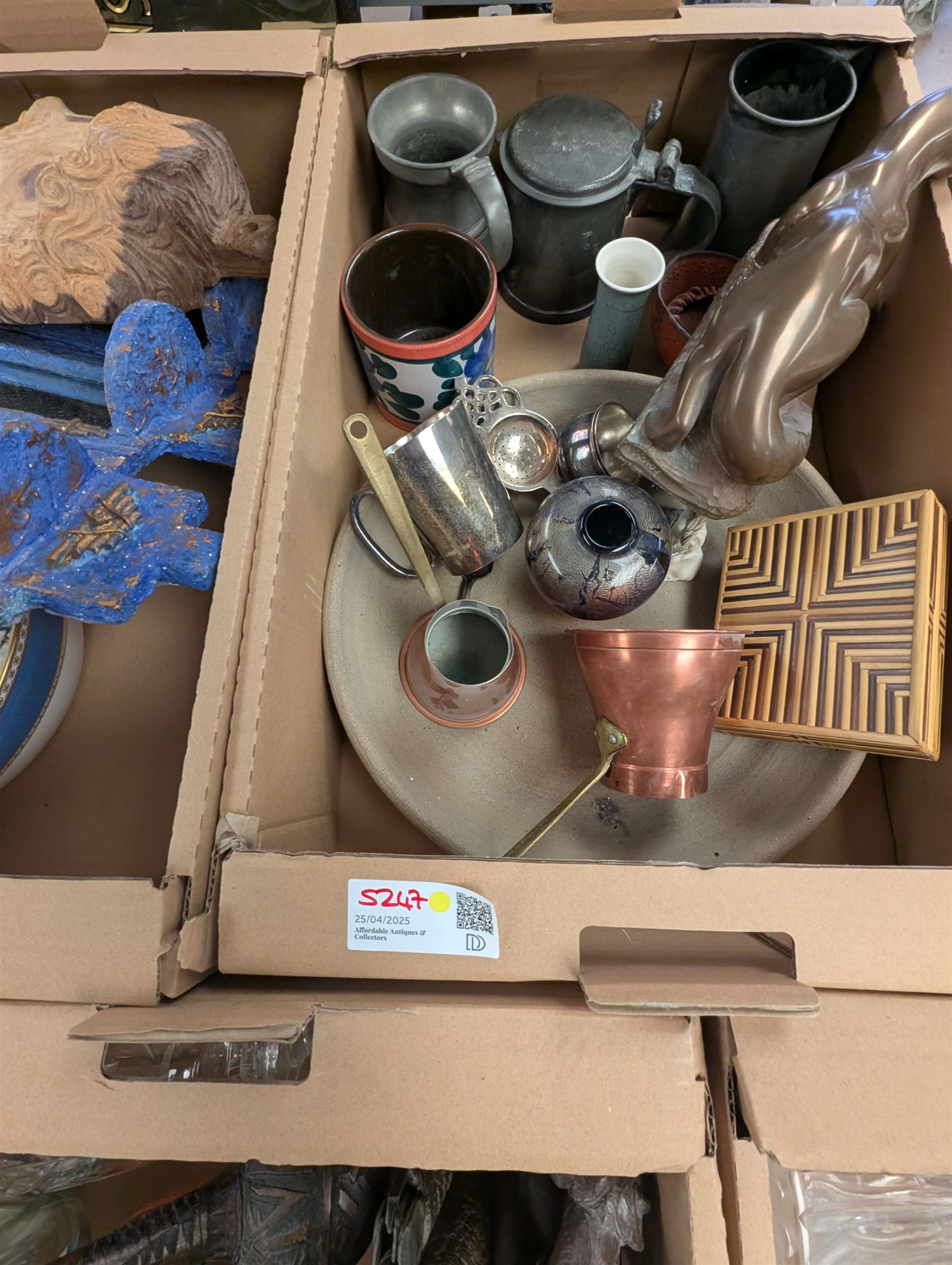 Collection of cut glass and crystal, including Dartington Crystal, glasses, decanters, vases, jug, carved wooden mask, Royal Worcester Evesham dishes, pewter tankard, Langham Glass cat, etc, in seven boxes