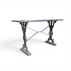 Edwardian ornate cast iron garden table, later rectangular granite top