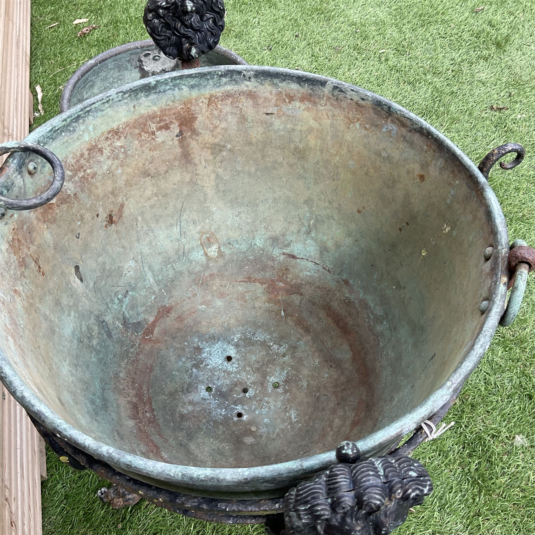 Small wrought metal garden planter with liner, circular cooking pot with lion handles - THIS LOT IS TO BE COLLECTED BY APPOINTMENT FROM DUGGLEBY STORAGE, GREAT HILL, EASTFIELD, SCARBOROUGH, YO11 3TX
