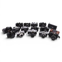 Collection of cameras, Nikon EM, Fujica ST605, Olymous OM2, etc