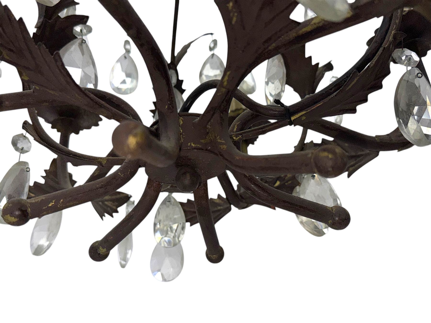 20th century distressed gilt tole chandelier, with six curved leaf clasped scrolling arms and frame, hung with lustre drops, approximately H50cm