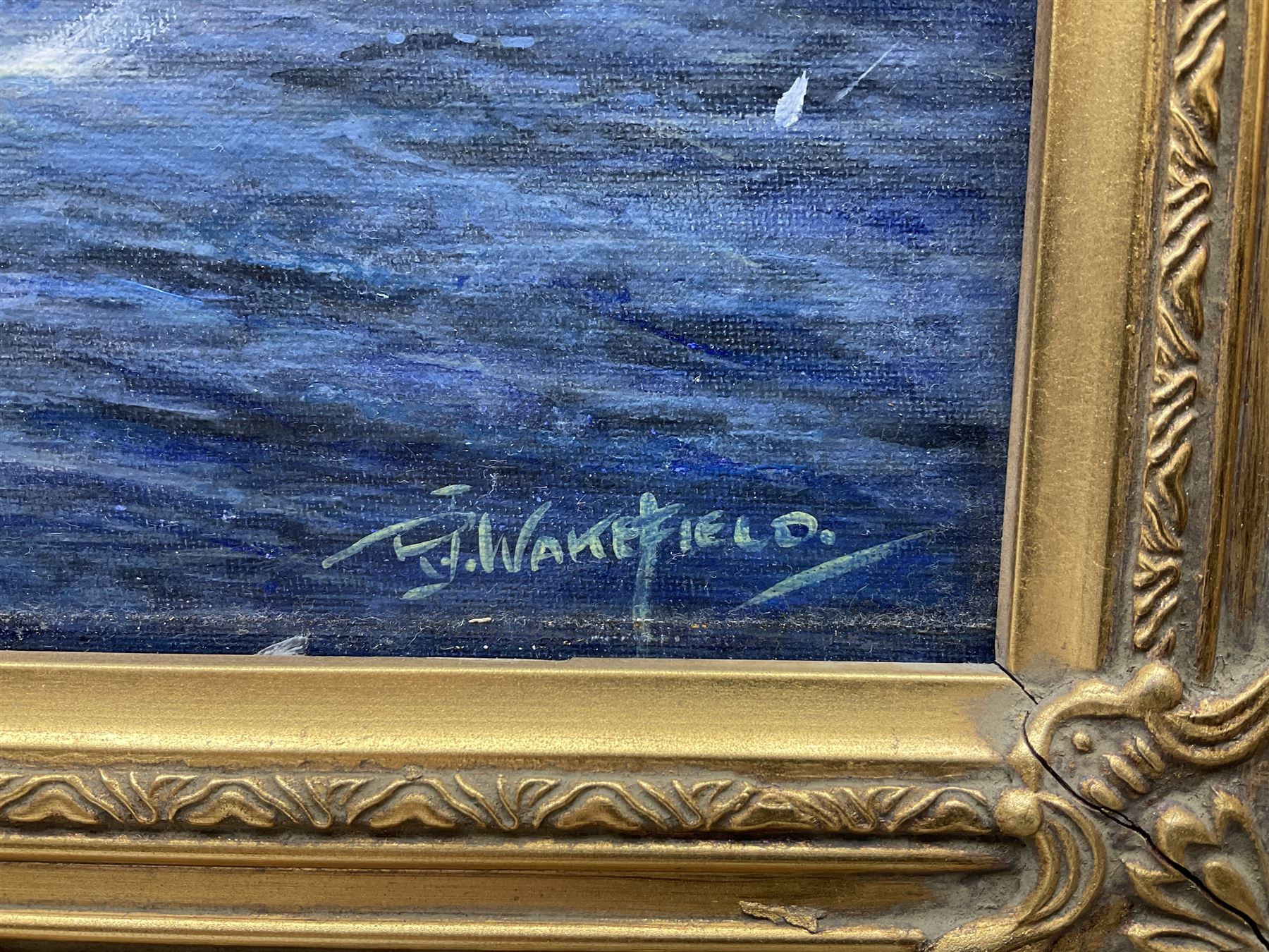 R J Wakefield (British 20th century): 'Battle of Trafalgar 21st October 1805', oil on board signed, labelled verso 45cm x 60cm