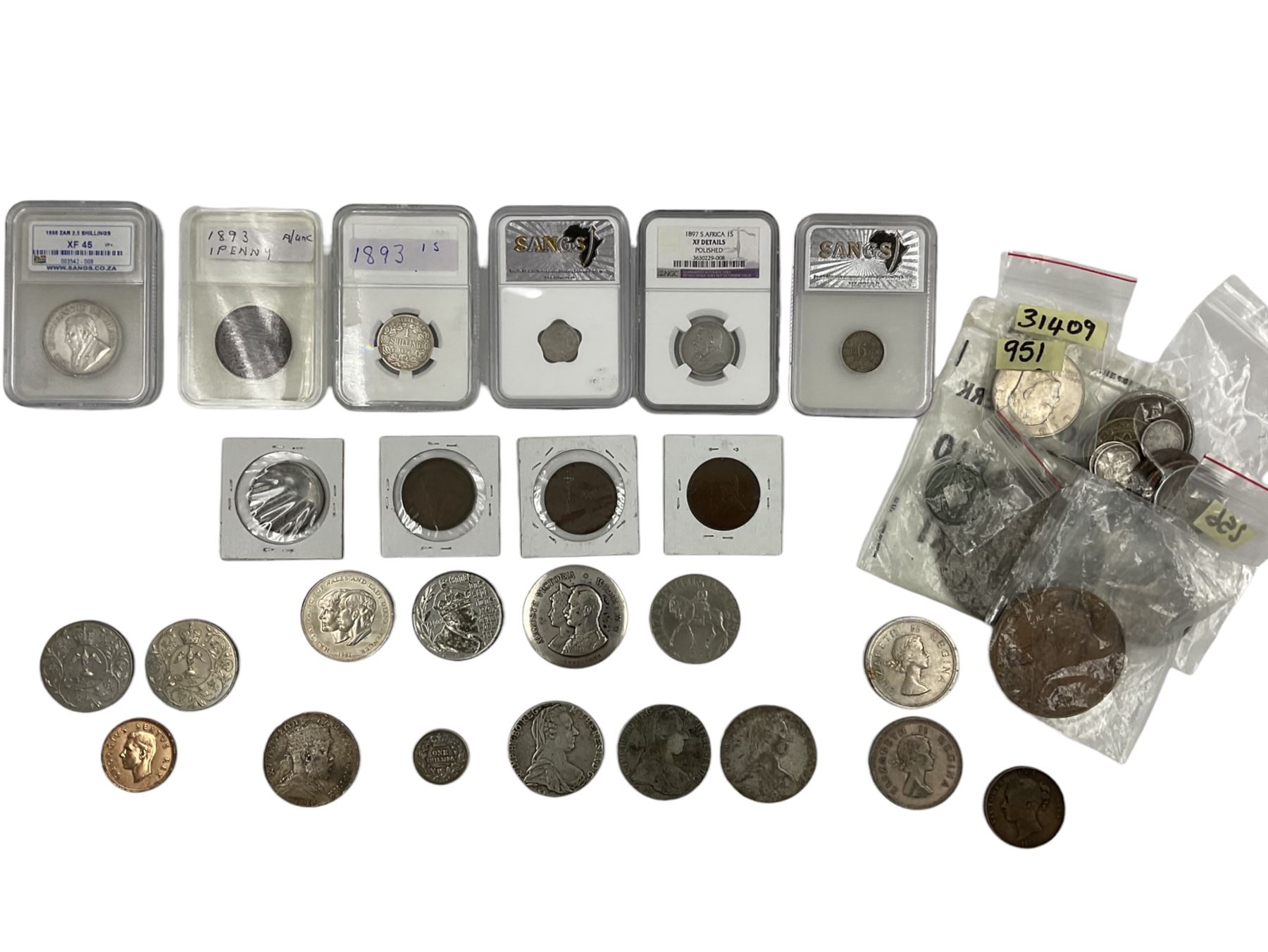 World coins, including three Maria Theresa restrike thalers, William IIII 1834 one shilling, two Queen Elizabeth II South Africa 1957 five shilling coins, other South African coinage, commemorative coins and medallions etc