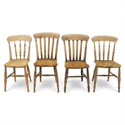 Eight Victorian farmhouse chairs in elm and beech, spindle-back frames with moulded seats, on turned and plain supports