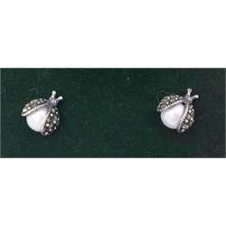  Pair of pearl and marcasite silver ladybird stud ear-rings stamped 925   