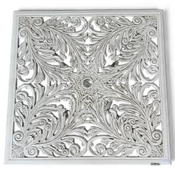 Regency design white-painted aluminium garden table, square pierced top with scrolling acanthus leaf decoration, splayed supports joined by pierced circular under-tier (W75cm H72cm), the chairs with scrolling and floral garland design backs over pierced foliate seats with cabriole supports (W48cm H90)