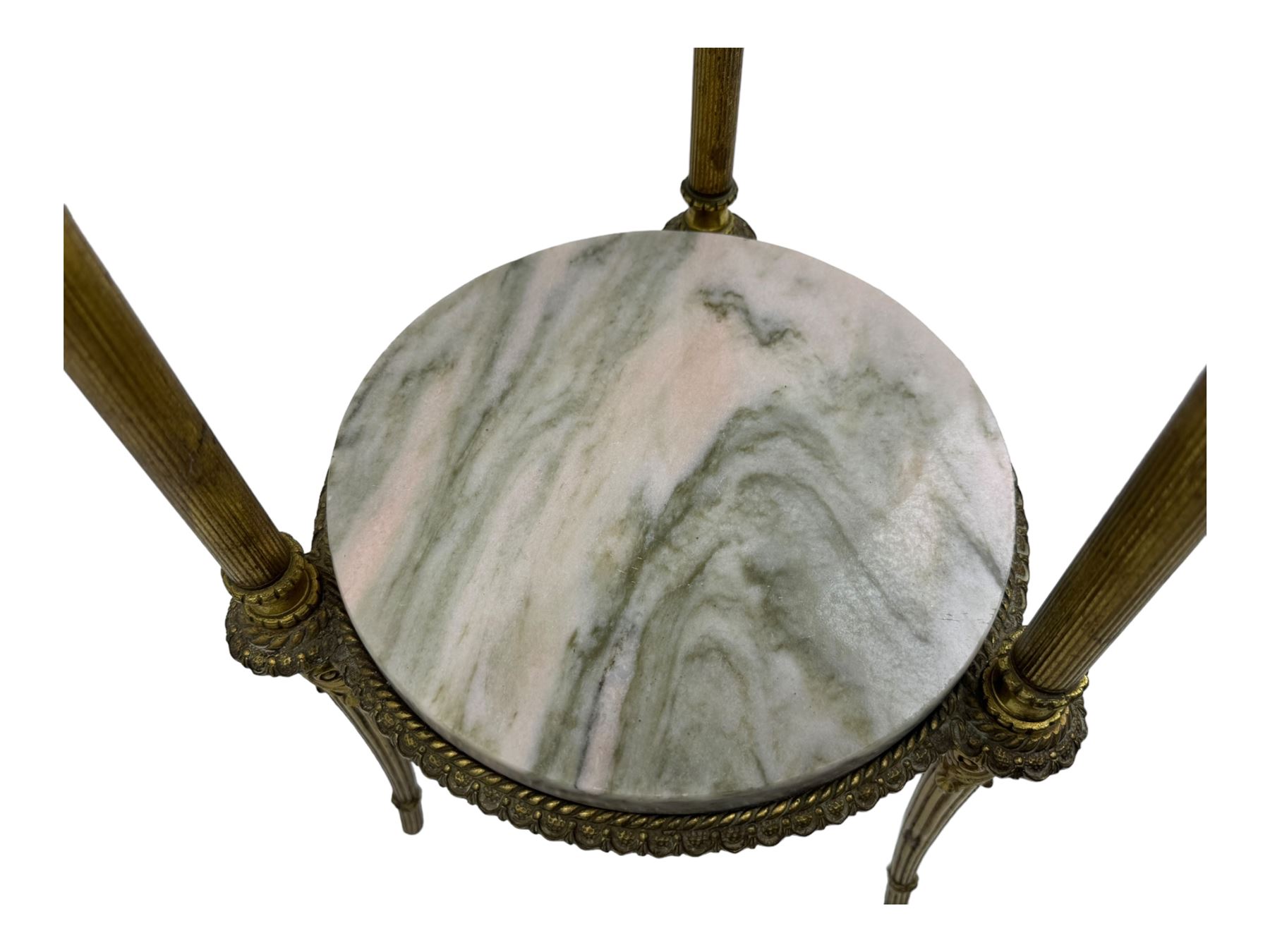 Late 20th century cast gilt metal and marble two-tier stand, pink and grey marble top and undertier, the base decorated with floral garlands, on reed moulded supports with splayed terminals 